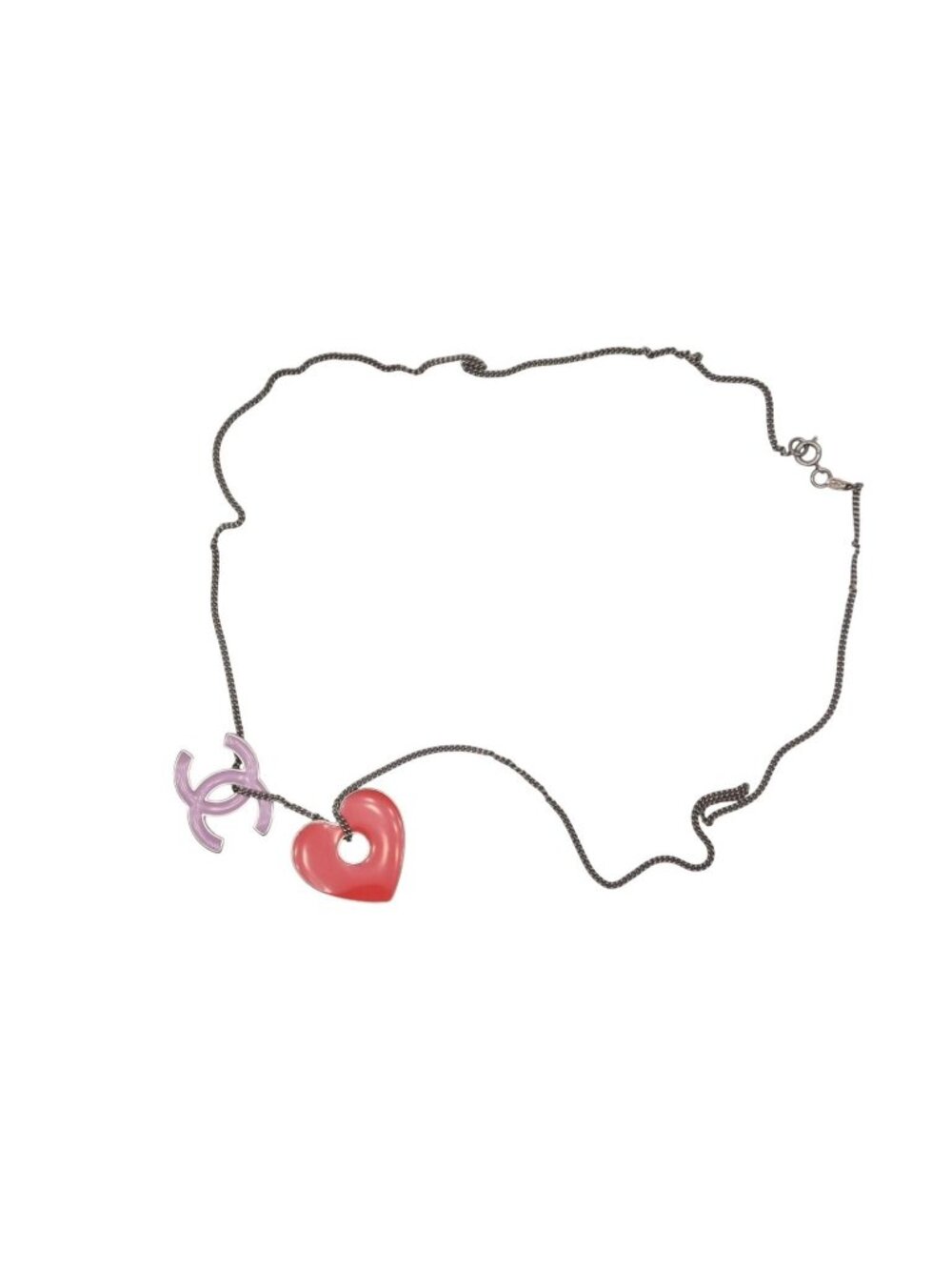 Chanel CC Logo Heart Necklace Metal Pink Red Silver